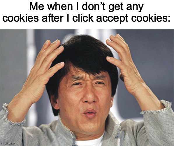 They lied | Me when I don’t get any cookies after I click accept cookies: | image tagged in jackie chan confused | made w/ Imgflip meme maker