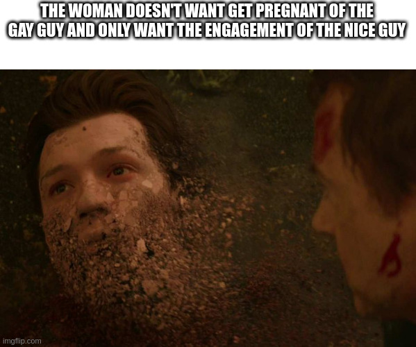 engagement | THE WOMAN DOESN'T WANT GET PREGNANT OF THE GAY GUY AND ONLY WANT THE ENGAGEMENT OF THE NICE GUY | image tagged in spiderman getting thanos snapped | made w/ Imgflip meme maker