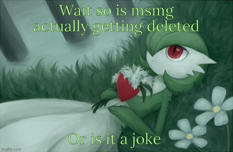 Idk what's true rn | Wait so is msmg actually getting deleted; Or is it a joke | image tagged in gardevoir lying in the grass | made w/ Imgflip meme maker