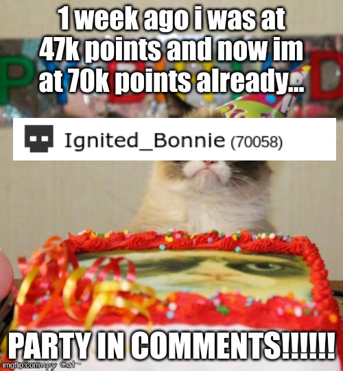 Grumpy Cat Birthday | 1 week ago i was at 47k points and now im at 70k points already... PARTY IN COMMENTS!!!!!! | image tagged in memes,grumpy cat birthday,grumpy cat | made w/ Imgflip meme maker