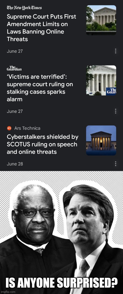 IS ANYONE SURPRISED? | image tagged in supreme court sexual abusers,threats,stalking,harassment,it's only a crime when a democrat does it | made w/ Imgflip meme maker
