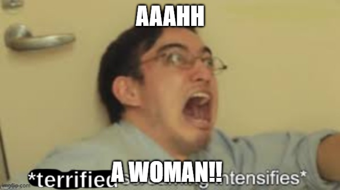 WIMEN | AAAHH; A WOMAN!! | image tagged in terrified screaming intensifies | made w/ Imgflip meme maker