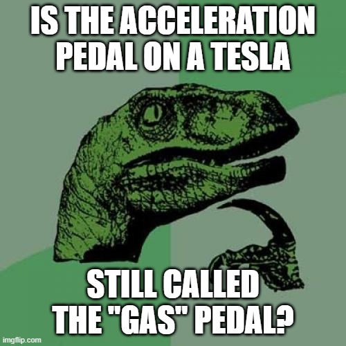 PhilosoRaptor Contemplates a Tesla | IS THE ACCELERATION PEDAL ON A TESLA; STILL CALLED THE "GAS" PEDAL? | image tagged in memes,philosoraptor | made w/ Imgflip meme maker