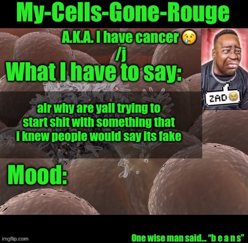 My-Cells-Gone-Rouge announcement | alr why are yall trying to start shit with something that i knew people would say its fake | image tagged in my-cells-gone-rouge announcement | made w/ Imgflip meme maker