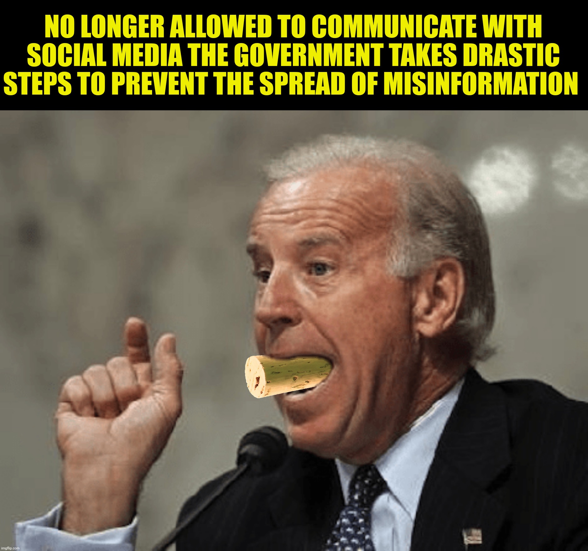 Mr. Information | NO LONGER ALLOWED TO COMMUNICATE WITH SOCIAL MEDIA THE GOVERNMENT TAKES DRASTIC STEPS TO PREVENT THE SPREAD OF MISINFORMATION | image tagged in bad photoshop,joe biden,cork | made w/ Imgflip meme maker