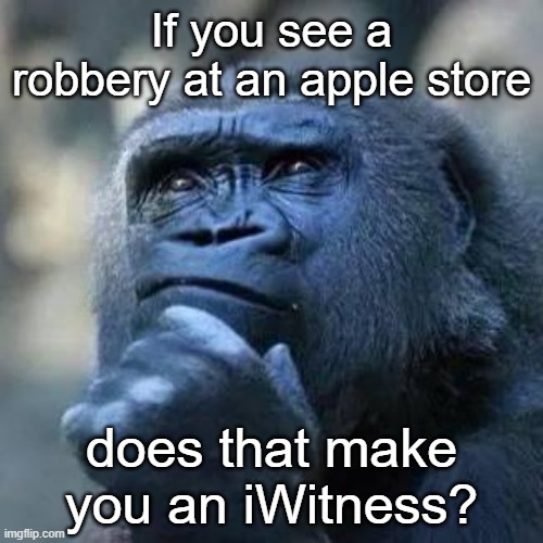 Thinking ape | If you see a robbery at an apple store; does that make you an iWitness? | image tagged in thinking ape | made w/ Imgflip meme maker
