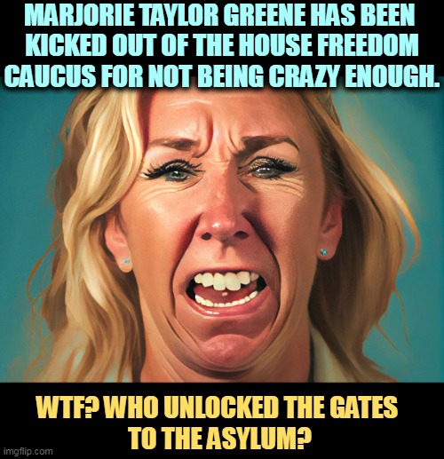 MARJORIE TAYLOR GREENE HAS BEEN 
KICKED OUT OF THE HOUSE FREEDOM CAUCUS FOR NOT BEING CRAZY ENOUGH. WTF? WHO UNLOCKED THE GATES 
TO THE ASYLUM? | image tagged in mtg,crazy,house,freedom,caucus,crazier | made w/ Imgflip meme maker