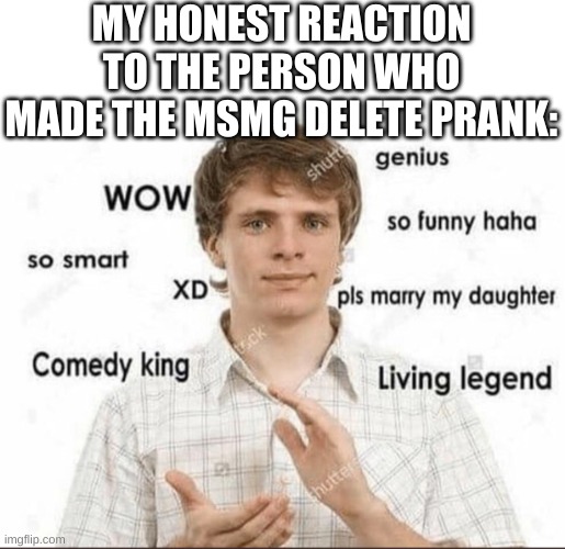 wow genius so smart so funny | MY HONEST REACTION TO THE PERSON WHO MADE THE MSMG DELETE PRANK: | image tagged in wow genius so smart so funny | made w/ Imgflip meme maker