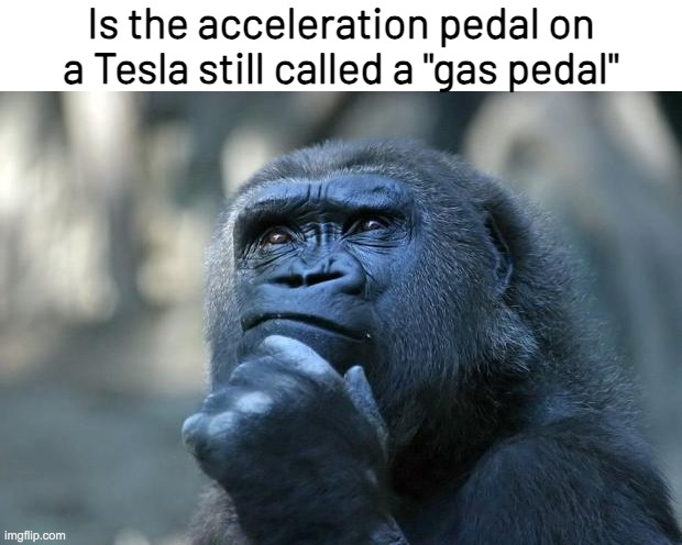 Deep Thoughts | Is the acceleration pedal on a Tesla still called a "gas pedal" | image tagged in deep thoughts,shower thoughts | made w/ Imgflip meme maker