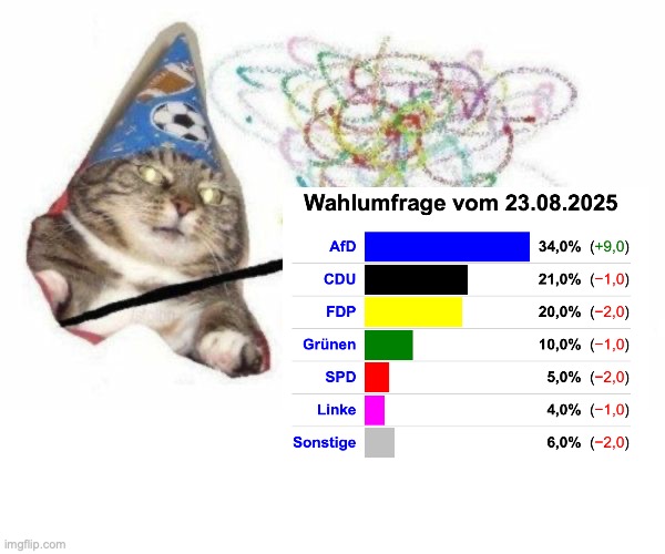 Eine Katze mit Magierhut und Zauberstab zeigt eine Wahlumfrage mit AfD Mehrheit