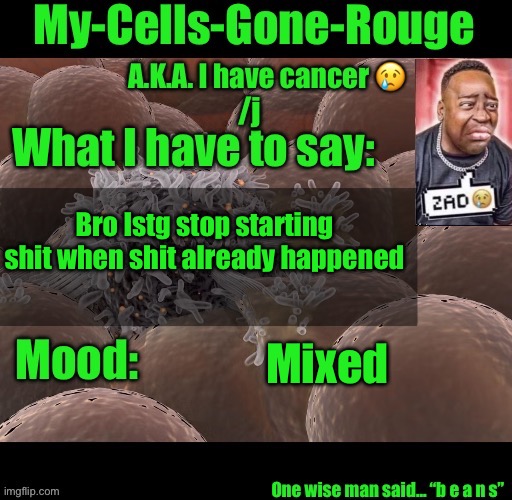 My-Cells-Gone-Rouge announcement | Bro Istg stop starting shit when shit already happened; Mixed | image tagged in my-cells-gone-rouge announcement | made w/ Imgflip meme maker