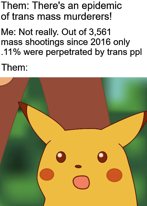 HD pikachu | Them: There's an epidemic of trans mass murderers! Me: Not really. Out of 3,561 mass shootings since 2016 only .11% were perpetrated by trans ppl; Them: | image tagged in hd pikachu,transgender,transphobic,mass shooting | made w/ Imgflip meme maker