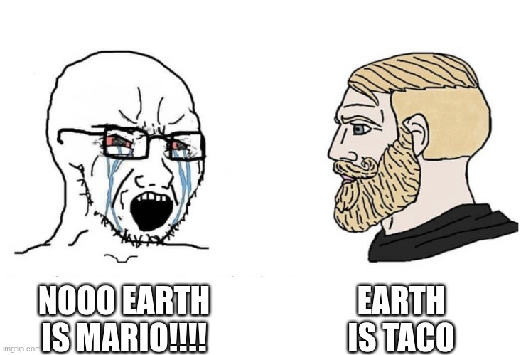 Soyboy Vs Yes Chad | NOOO EARTH IS MARIO!!!! EARTH IS TACO | image tagged in soyboy vs yes chad | made w/ Imgflip meme maker
