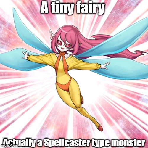 Misleading monster type 50 | A tiny fairy; Actually a Spellcaster type monster | image tagged in yugioh | made w/ Imgflip meme maker