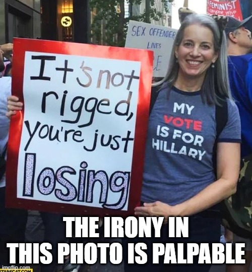 Hill Dawg Irony | THE IRONY IN THIS PHOTO IS PALPABLE | image tagged in politics | made w/ Imgflip meme maker