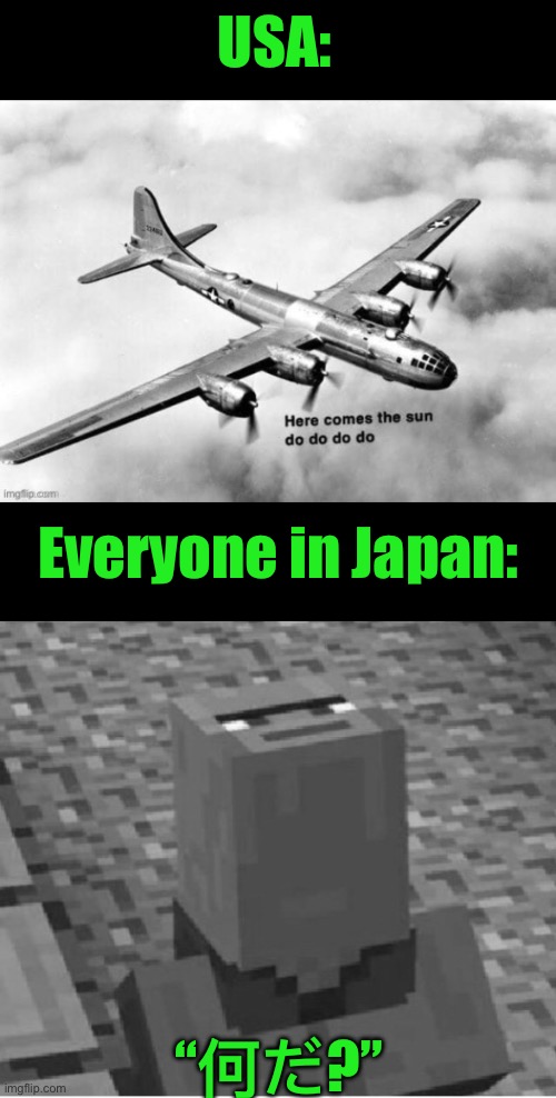 USA:; Everyone in Japan:; “何だ?” | image tagged in minecraft villager looking up | made w/ Imgflip meme maker