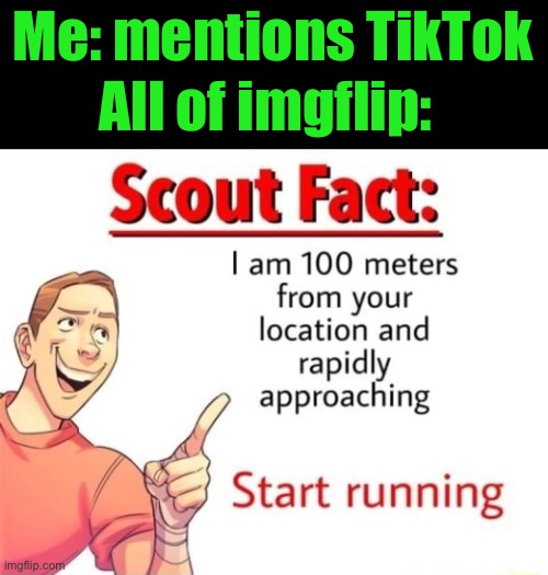 Scout Fact | Me: mentions TikTok; All of imgflip: | image tagged in scout fact | made w/ Imgflip meme maker