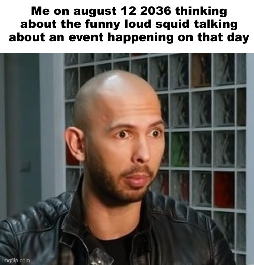 august 12 2036 the heat death of the universe | Me on august 12 2036 thinking about the funny loud squid talking about an event happening on that day | image tagged in andrew tate wojack face,august 12 2036 | made w/ Imgflip meme maker