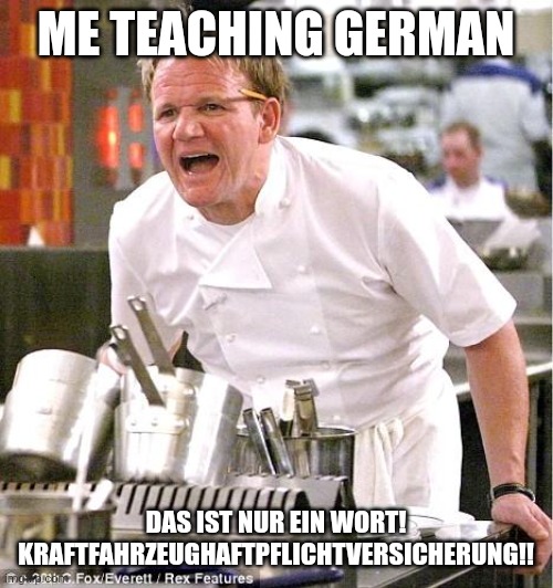 Chef Gordon Ramsay Meme | ME TEACHING GERMAN; DAS IST NUR EIN WORT! KRAFTFAHRZEUGHAFTPFLICHTVERSICHERUNG!! | image tagged in chef gordon ramsay | made w/ Imgflip meme maker