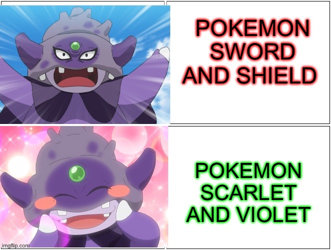 The Pokemon community nowadays | POKEMON SWORD AND SHIELD; POKEMON SCARLET AND VIOLET | image tagged in galar slowking drake hotline | made w/ Imgflip meme maker