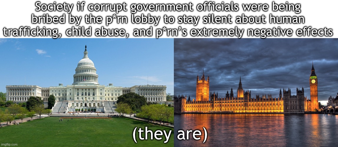 Get the p*rn lobby out of the government! | Society if corrupt government officials were being bribed by the p*rn lobby to stay silent about human trafficking, child abuse, and p*rn’s extremely negative effects; (they are) | image tagged in capitol hill,houses of parliament | made w/ Imgflip meme maker
