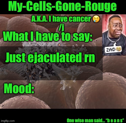 My-Cells-Gone-Rouge announcement | Just ejaculated rn | image tagged in my-cells-gone-rouge announcement | made w/ Imgflip meme maker