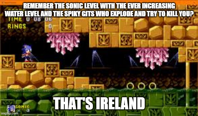 REMEMBER THE SONIC LEVEL WITH THE EVER INCREASING WATER LEVEL AND THE SPIKY GITS WHO EXPLODE AND TRY TO KILL YOU? THAT'S IRELAND | image tagged in sonic,ireland | made w/ Imgflip meme maker