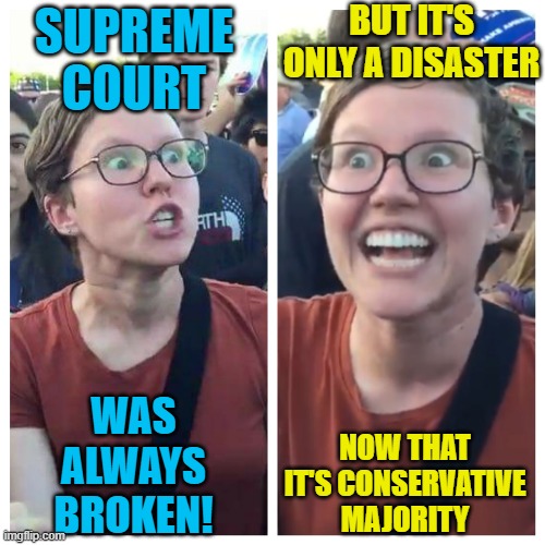 Social Justice Warrior Hypocrisy | SUPREME COURT WAS
ALWAYS
BROKEN! BUT IT'S ONLY A DISASTER NOW THAT IT'S CONSERVATIVE MAJORITY | image tagged in social justice warrior hypocrisy | made w/ Imgflip meme maker