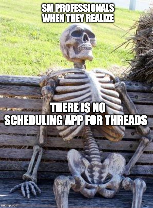 SM Managers | SM PROFESSIONALS WHEN THEY REALIZE; THERE IS NO SCHEDULING APP FOR THREADS | image tagged in memes,waiting skeleton,social media,instagram,thread | made w/ Imgflip meme maker