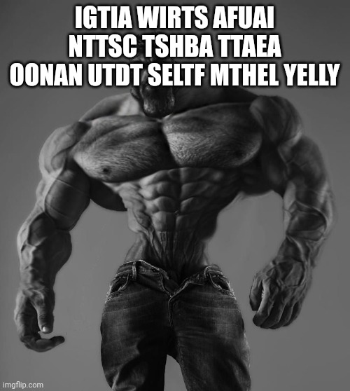 GigaChad | IGTIA WIRTS AFUAI NTTSC TSHBA TTAEA OONAN UTDT SELTF MTHEL YELLY | image tagged in gigachad | made w/ Imgflip meme maker