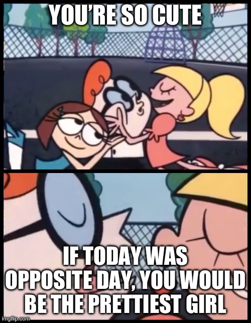 roast | YOU’RE SO CUTE; IF TODAY WAS OPPOSITE DAY, YOU WOULD BE THE PRETTIEST GIRL | image tagged in memes,say it again dexter | made w/ Imgflip meme maker