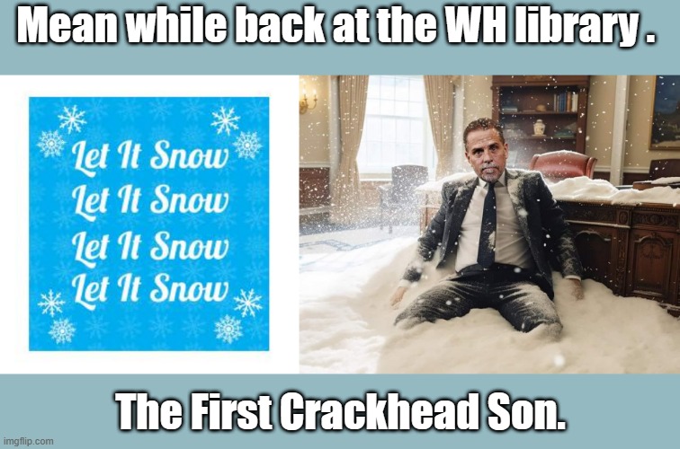 TRUMP would be in JAIL if crack was found in the WH and his kid was a known crackhead, Go ahead DEMrats deny it. | Mean while back at the WH library . The First Crackhead Son. | image tagged in democrats,nwo,traitors | made w/ Imgflip meme maker
