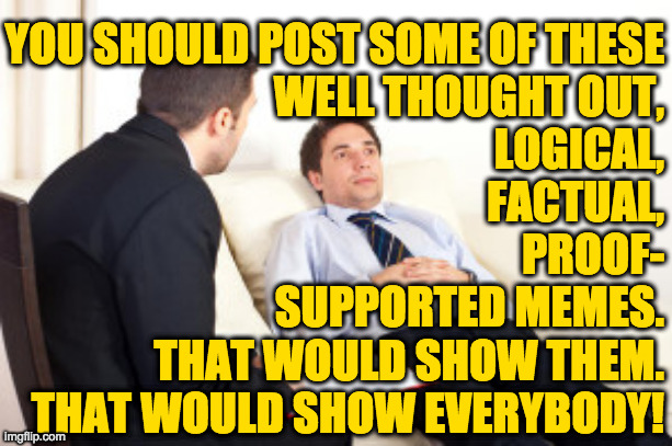 psychiatrist | YOU SHOULD POST SOME OF THESE
WELL THOUGHT OUT,
LOGICAL,
FACTUAL,
PROOF-
SUPPORTED MEMES.
THAT WOULD SHOW THEM.
THAT WOULD SHOW EVERYBODY! | image tagged in psychiatrist | made w/ Imgflip meme maker