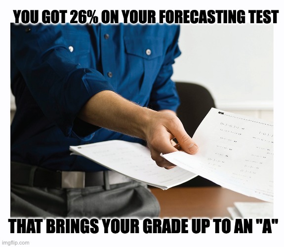 Meteorology School | YOU GOT 26% ON YOUR FORECASTING TEST; THAT BRINGS YOUR GRADE UP TO AN "A" | image tagged in weather,forecasting,great job | made w/ Imgflip meme maker