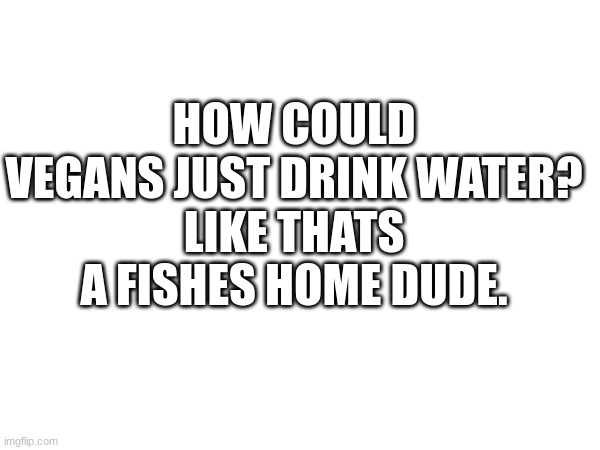 HOW COULD VEGANS JUST DRINK WATER?
LIKE THATS A FISHES HOME DUDE. | made w/ Imgflip meme maker
