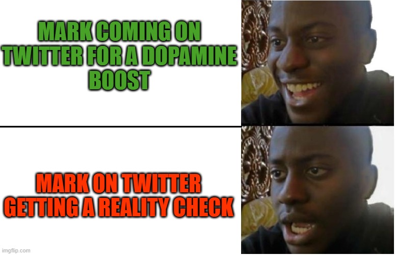 mark dopamine request to reality check | MARK COMING ON
TWITTER FOR A DOPAMINE
BOOST; MARK ON TWITTER
GETTING A REALITY CHECK | image tagged in dopamine,reality check | made w/ Imgflip meme maker