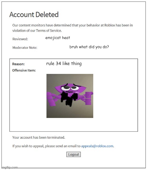 banned from ROBLOX | emojicat heat; bruh what did you do? rule 34 like thing | image tagged in banned from roblox | made w/ Imgflip meme maker