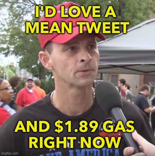 TRUMP 2024 | I'D LOVE A 
MEAN TWEET; AND $1.89 GAS 
RIGHT NOW | image tagged in trump supporter | made w/ Imgflip meme maker