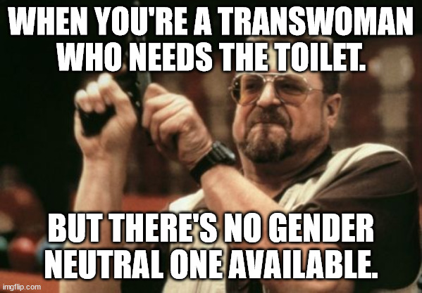 WHEN YOU'RE A TRANSWOMAN WHO NEEDS THE TOILET | WHEN YOU'RE A TRANSWOMAN WHO NEEDS THE TOILET. BUT THERE'S NO GENDER NEUTRAL ONE AVAILABLE. | image tagged in memes,am i the only one around here | made w/ Imgflip meme maker
