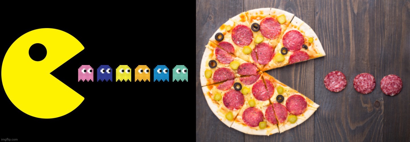 Pac-Man and pizza | image tagged in pac man,pacman,pizza,gaming,memes,dank memes | made w/ Imgflip meme maker