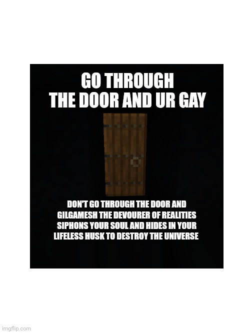 Big coice | GO THROUGH THE DOOR AND UR GAY; DON'T GO THROUGH THE DOOR AND GILGAMESH THE DEVOURER OF REALITIES SIPHONS YOUR SOUL AND HIDES IN YOUR LIFELESS HUSK TO DESTROY THE UNIVERSE | image tagged in minecraft | made w/ Imgflip meme maker