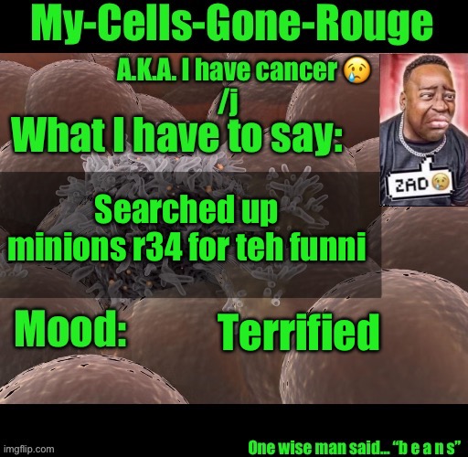 My-Cells-Gone-Rouge announcement | Searched up minions r34 for teh funni; Terrified | image tagged in my-cells-gone-rouge announcement | made w/ Imgflip meme maker
