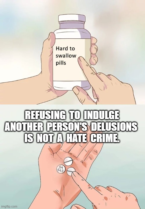 Hard To Swallow Pills Meme | REFUSING  TO  INDULGE
ANOTHER  PERSON'S  DELUSIONS 
IS  NOT  A  HATE  CRIME. | image tagged in memes,hard to swallow pills | made w/ Imgflip meme maker