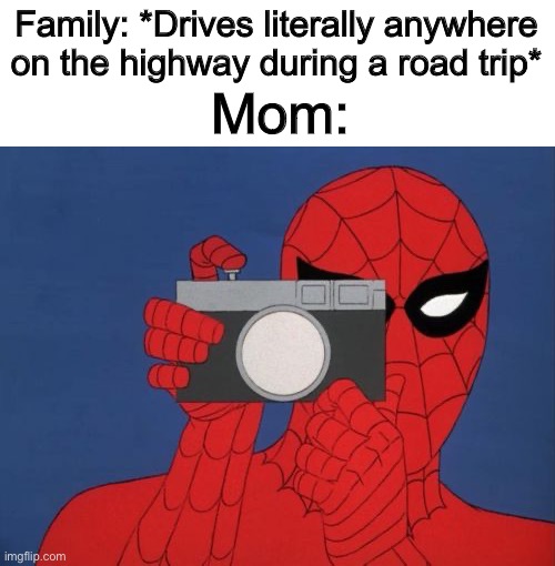She WON’T stop taking pictures @_@ | Family: *Drives literally anywhere on the highway during a road trip*; Mom: | image tagged in memes,spiderman camera,spiderman | made w/ Imgflip meme maker