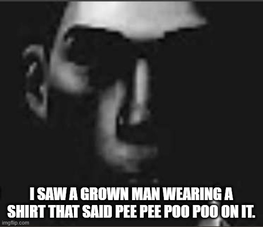 what | I SAW A GROWN MAN WEARING A SHIRT THAT SAID PEE PEE POO POO ON IT. | image tagged in what | made w/ Imgflip meme maker