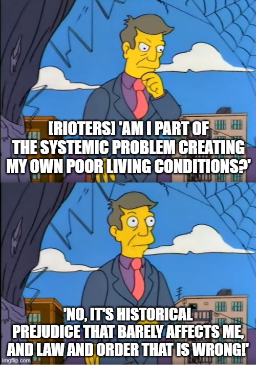 Skinner Out Of Touch | [RIOTERS] 'AM I PART OF THE SYSTEMIC PROBLEM CREATING MY OWN POOR LIVING CONDITIONS?'; 'NO, IT'S HISTORICAL PREJUDICE THAT BARELY AFFECTS ME, AND LAW AND ORDER THAT IS WRONG!' | image tagged in skinner out of touch | made w/ Imgflip meme maker