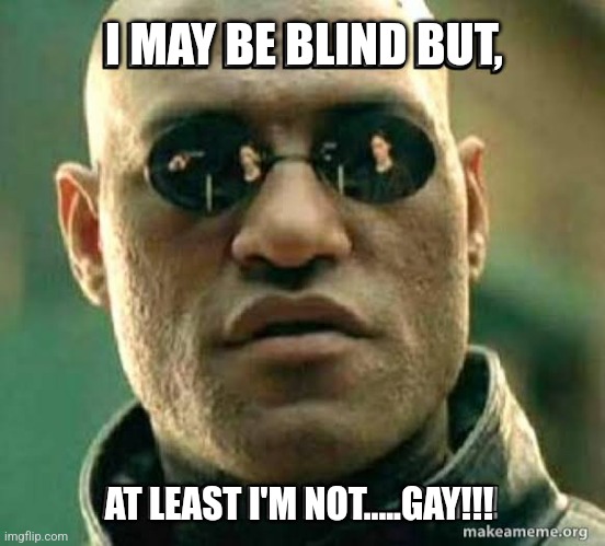 Iam not gay | I MAY BE BLIND BUT, AT LEAST I'M NOT.....GAY!!! | image tagged in the matrix | made w/ Imgflip meme maker