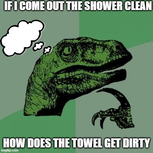i think too much | IF I COME OUT THE SHOWER CLEAN; HOW DOES THE TOWEL GET DIRTY | image tagged in memes,philosoraptor | made w/ Imgflip meme maker