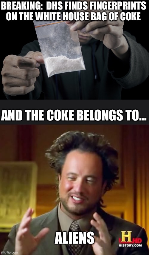 BREAKING:  DHS FINDS FINGERPRINTS ON THE WHITE HOUSE BAG OF COKE; AND THE COKE BELONGS TO…; ALIENS | image tagged in hunter s baggie of coke,memes,ancient aliens | made w/ Imgflip meme maker
