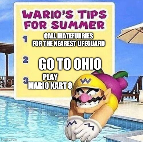 these will work :P | CALL IHATEFURRIES FOR THE NEAREST LIFEGUARD; GO TO OHIO; PLAY MARIO KART 8 | image tagged in warios tips for summer | made w/ Imgflip meme maker